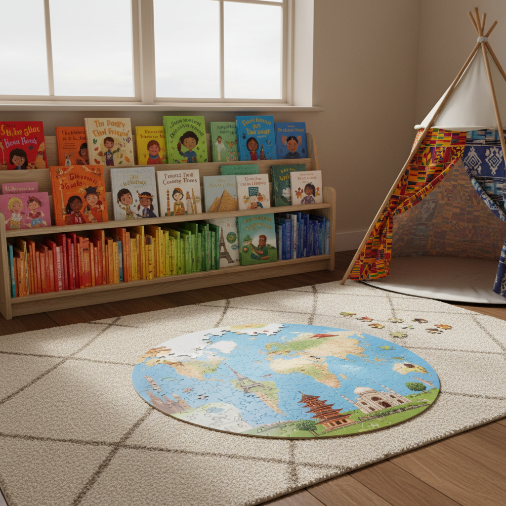A cozy child’s bedroom with a low bookshelf lined with picture books featuring diverse characters, their colorful spines forming a vibrant gradient. In front of the shelf lies a plush rug where a half-finished puzzle of different world landmarks is spread out, pieces showing varied landscapes and cultures. Nearby, a small fabric tent displays patterned textiles from multiple traditions. Soft, diffused overcast light enters through a side window, producing gentle, even illumination and faint shadows along the floor. Photographic realism with an eye-level composition and moderate depth of field, keeping the puzzle and books in crisp detail while the background softens. The mood is nurturing and thoughtful, emphasizing intentional choices for supporting multiracial children’s identity.