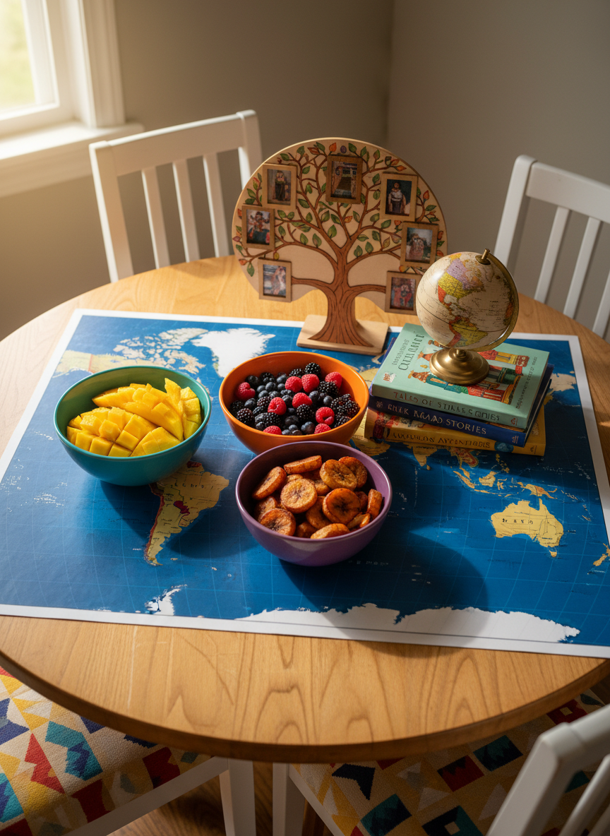 A bright kitchen table scene featuring a large world map placemat spread out beneath colorful ceramic bowls of fresh fruits—mango, berries, and sliced plantain—alongside a small globe, a stack of cultural storybooks, and a hand-painted wooden family tree chart. The table’s natural wood grain shows subtle scratches from daily use, surrounded by empty chairs with patterned cushions. Soft morning light streams in from a nearby window, casting delicate reflections on the glossy fruit and gentle shadows from the globe. Photographic realism from a slightly elevated angle, with sharp focus throughout, creating an atmosphere of everyday learning and pride in multicultural heritage, ideal for a parenting blog about raising aware, globally connected children.