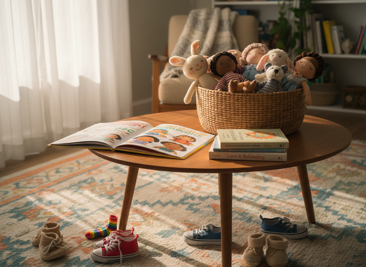 A warmly lit living room corner centered around a low wooden coffee table covered with an open multicolored children’s book, a stack of well-worn parenting guides, and a woven basket filled with diverse skin-tone dolls and soft animal toys. Around the table, several pairs of small, mismatched shoes and cozy socks are visible on a patterned rug, hinting at different ages and backgrounds. Late afternoon sunlight filters through sheer curtains, creating soft highlights on the books’ textured covers and gentle shadows under the furniture. Photographic realism at eye-level, with a shallow depth of field that keeps the table and toys in sharp focus while the rest of the room fades into a warm, inviting blur, conveying a calm, reflective mood about intentional multiracial parenting.
