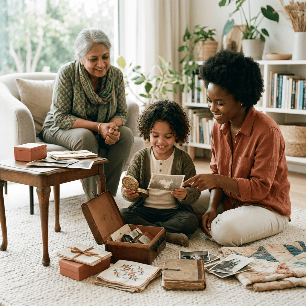 Family members examining old photographs and keepsakes together in a living room