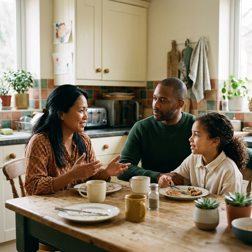 Family of three talking together over breakfast in a kitchen