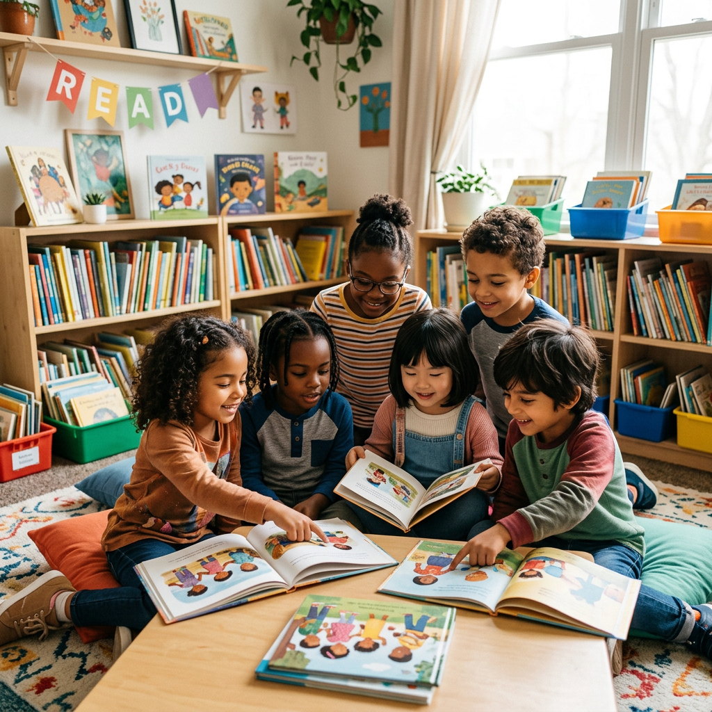 Five children reading picture books together in a classroom library